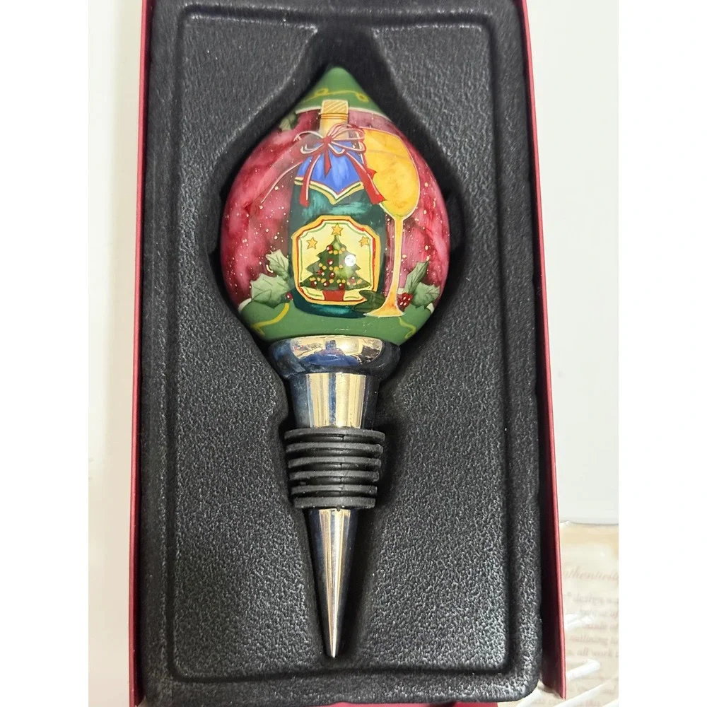 Ne'Qwa Art Susan Winget Christmas Wine Hand Painted Glass Bottle Stopper